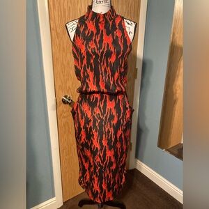 Black and Red Flame Maxi Dress Cutout with Pockets and High Neckline
